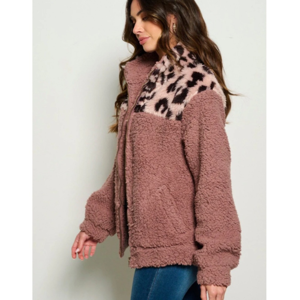 Mauve Animal Print Sherpa Zip Up Jacket
